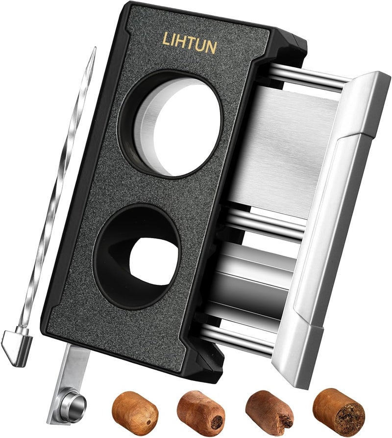 LIHTUN Cigar Cutter Guillotine 4 in 1 One Touch Straight Cut V Cutter with Cigar Punch Cigar Draw Enhancer, Stainless Steel Double Blade Cigar Clippers, Cuts Up to 60 Ring Gauge Cigars, Gift for Men - Image 1